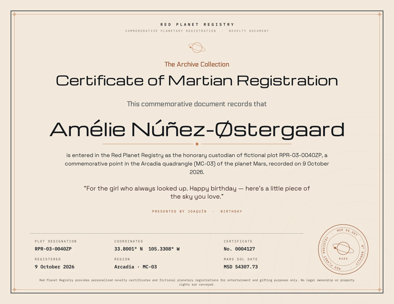 The Archive certificate example, personalized for Amélie Núñez-Østergaard
