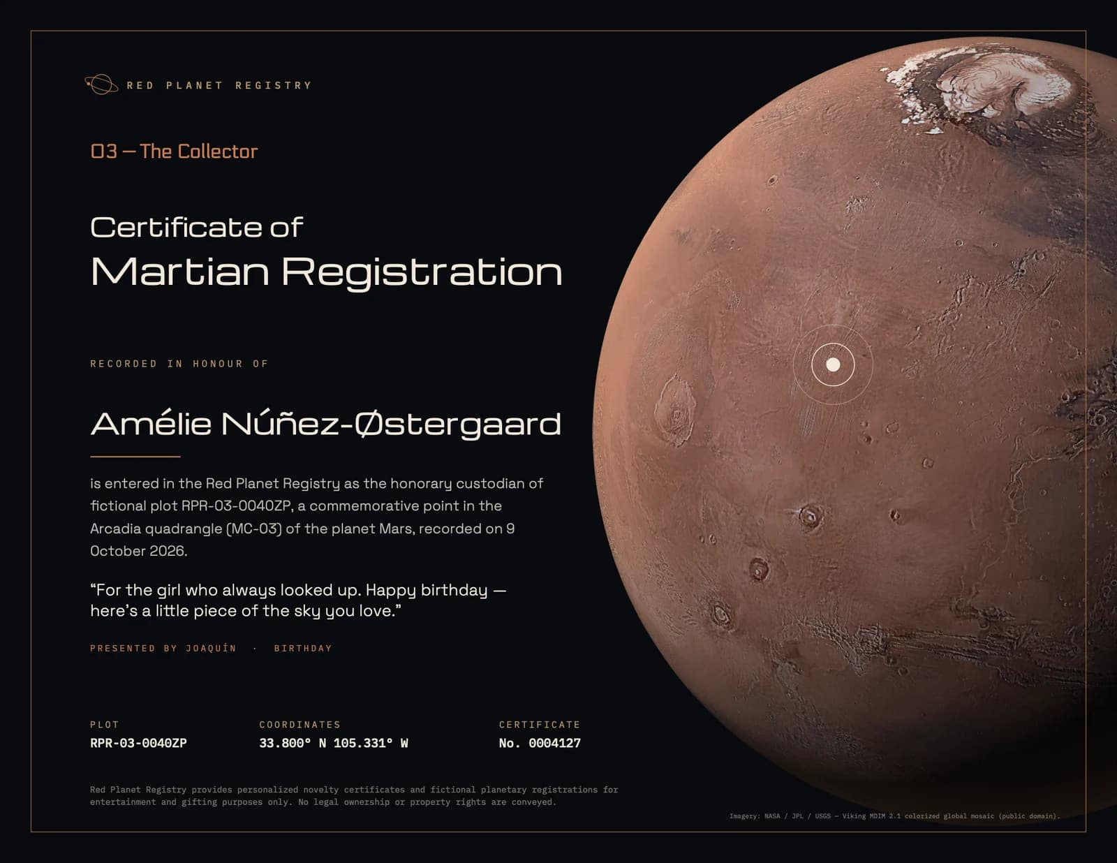 The Collector certificate example, personalized for Amélie Núñez-Østergaard